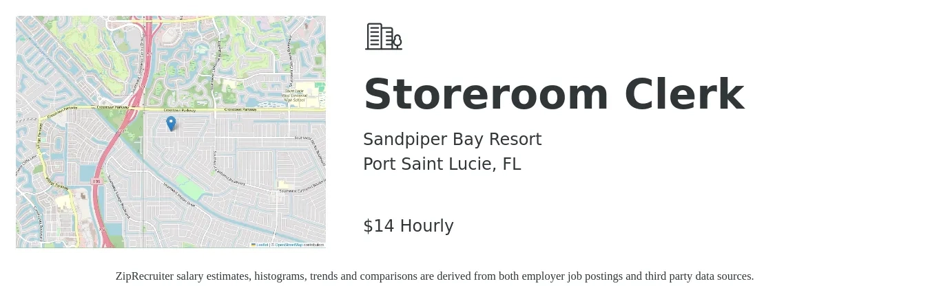 Sandpiper Bay Resort job posting for a Storeroom Clerk in Port Saint Lucie, FL with a salary of $13 to $16 Hourly with a map of Port Saint Lucie location.