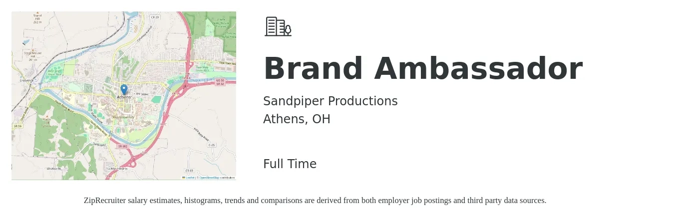 Sandpiper Productions job posting for a Brand Ambassador in Athens, OH with a salary of $30 Hourly with a map of Athens location.