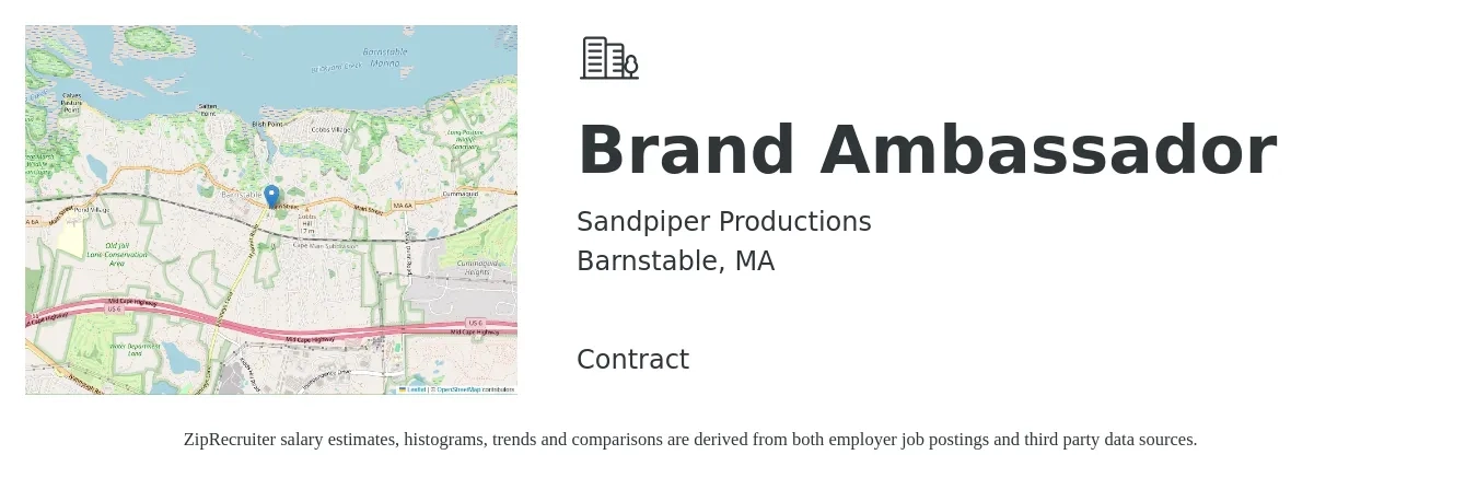 Sandpiper Productions job posting for a Brand Ambassador in Barnstable, MA with a salary of $18 to $26 Hourly with a map of Barnstable location.