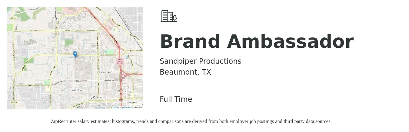 Sandpiper Productions job posting for a Brand Ambassador in Beaumont, TX with a salary of $16 to $23 Hourly with a map of Beaumont location.