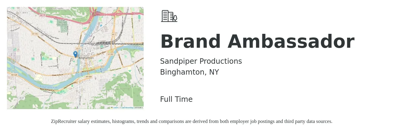 Sandpiper Productions job posting for a Brand Ambassador in Binghamton, NY with a salary of $16 to $23 Hourly with a map of Binghamton location.