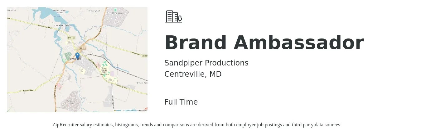 Sandpiper Productions job posting for a Brand Ambassador in Centreville, MD with a salary of $17 to $24 Hourly with a map of Centreville location.