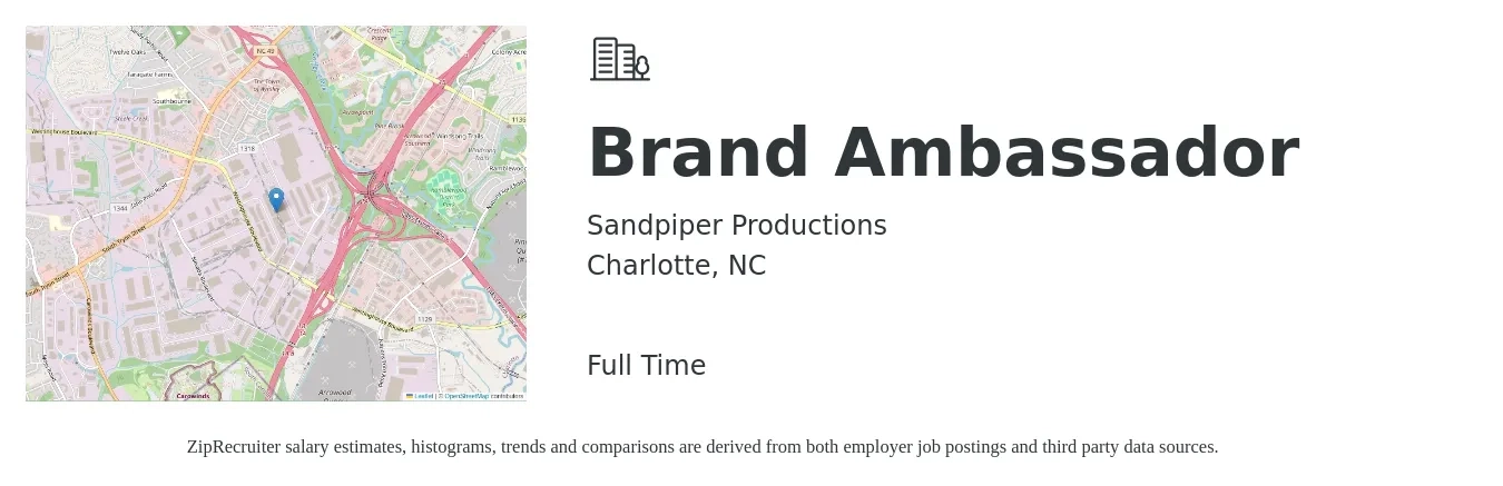 Sandpiper Productions job posting for a Brand Ambassador in Charlotte, NC with a salary of $30 Hourly with a map of Charlotte location.