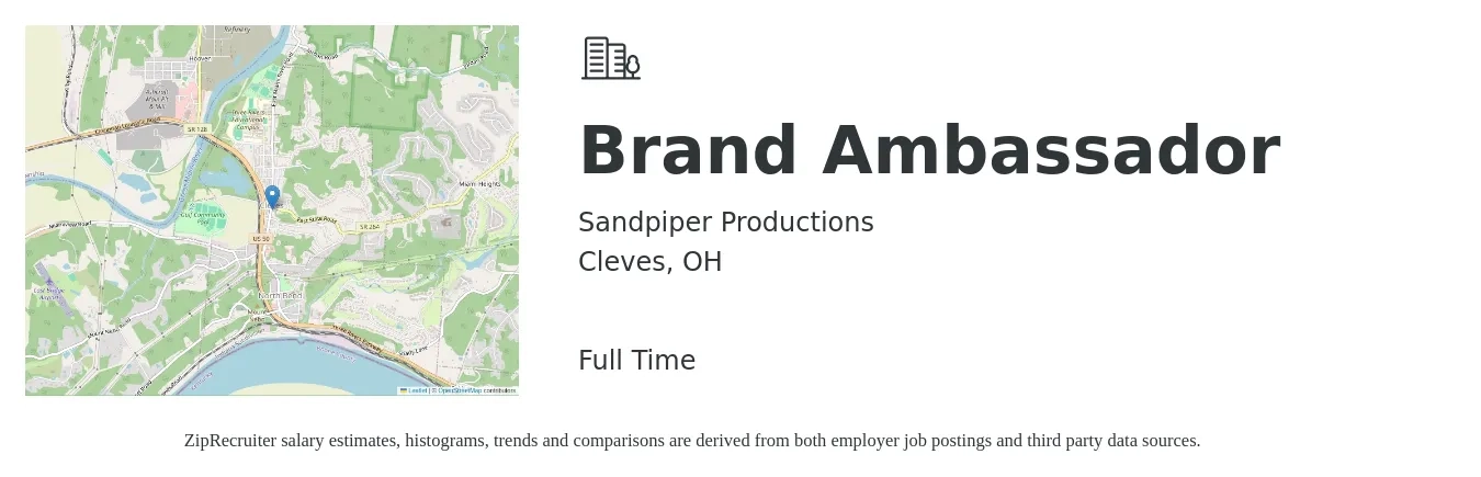 Sandpiper Productions job posting for a Brand Ambassador in Cleves, OH with a salary of $30 Hourly with a map of Cleves location.