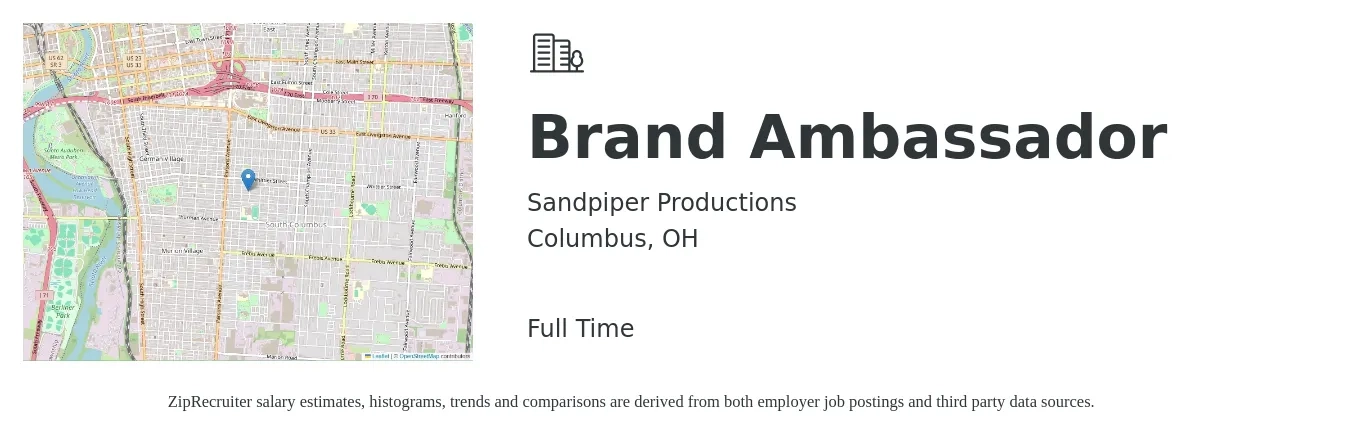 Sandpiper Productions job posting for a Brand Ambassador in Columbus, OH with a salary of $30 Hourly with a map of Columbus location.