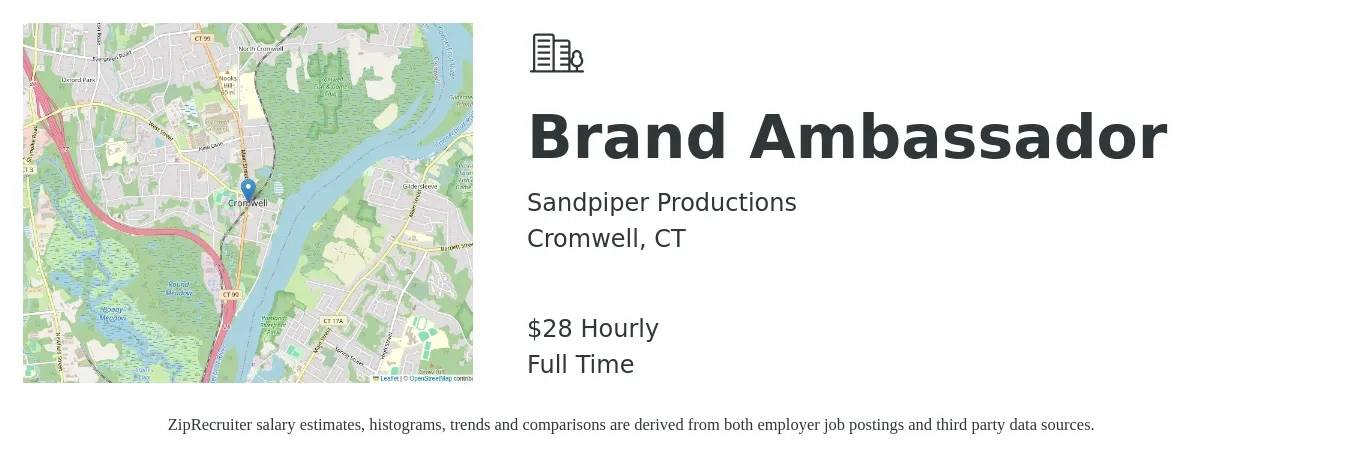 Sandpiper Productions job posting for a Brand Ambassador in Cromwell, CT with a salary of $30 Hourly with a map of Cromwell location.