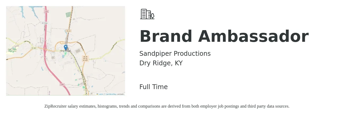 Sandpiper Productions job posting for a Brand Ambassador in Dry Ridge, KY with a salary of $16 to $22 Hourly with a map of Dry Ridge location.