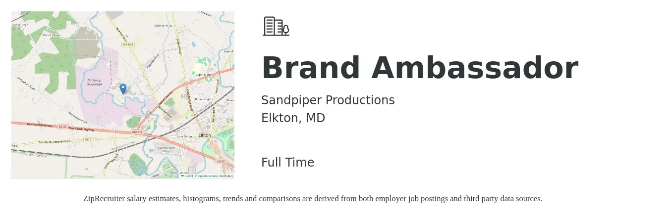 Sandpiper Productions job posting for a Brand Ambassador in Elkton, MD with a salary of $16 to $23 Hourly with a map of Elkton location.