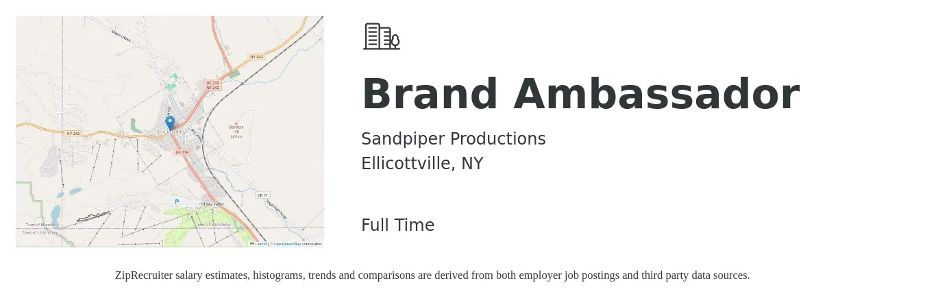 Sandpiper Productions job posting for a Brand Ambassador in Ellicottville, NY with a salary of $15 to $21 Hourly with a map of Ellicottville location.