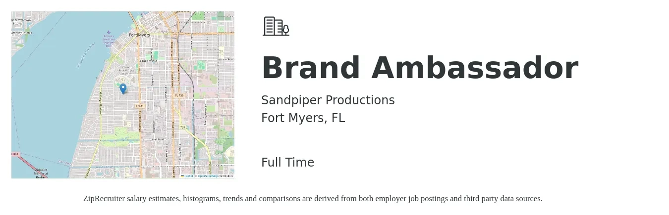 Sandpiper Productions job posting for a Brand Ambassador in Fort Myers, FL with a salary of $16 to $22 Hourly with a map of Fort Myers location.