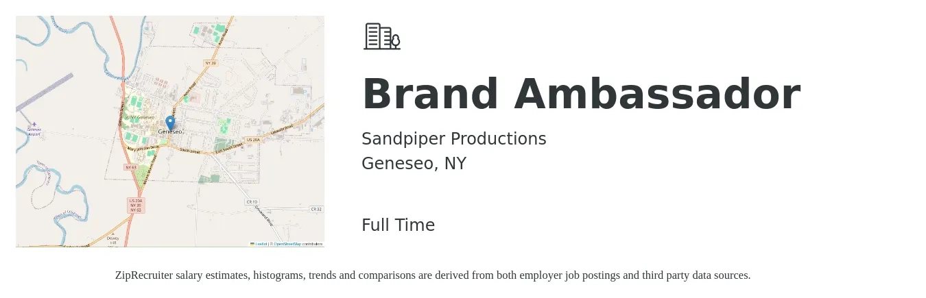 Sandpiper Productions job posting for a Brand Ambassador in Geneseo, NY with a salary of $30 Hourly with a map of Geneseo location.