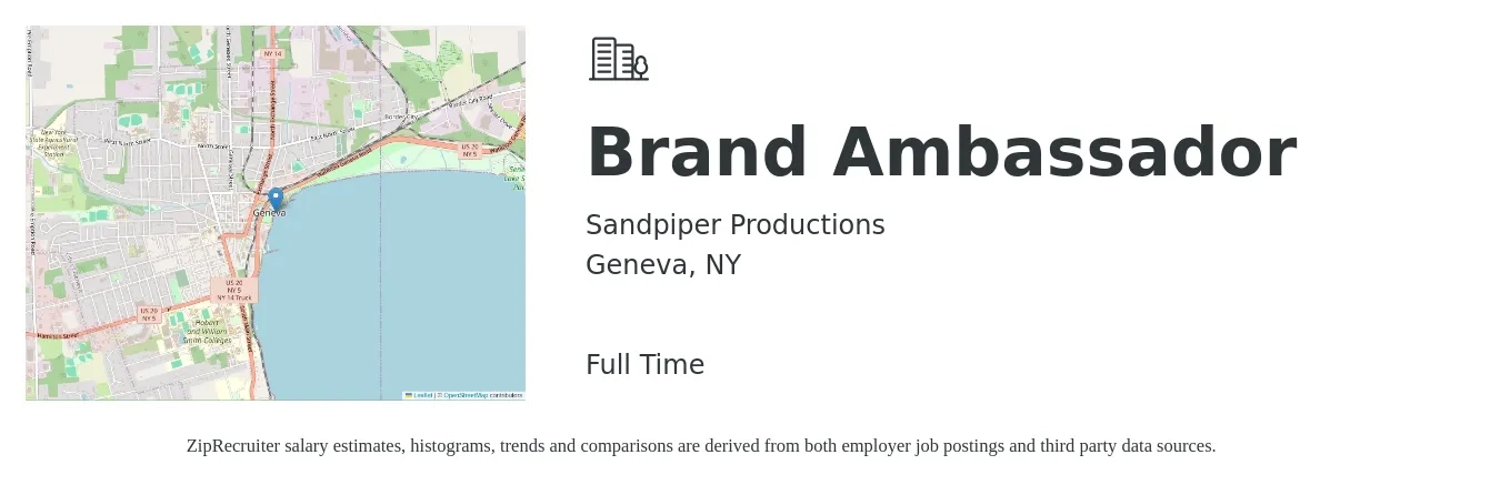 Sandpiper Productions job posting for a Brand Ambassador in Geneva, NY with a salary of $17 to $24 Hourly with a map of Geneva location.
