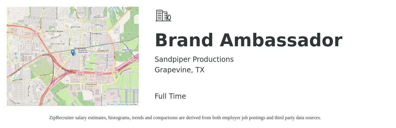 Sandpiper Productions job posting for a Brand Ambassador in Grapevine, TX with a salary of $30 Hourly with a map of Grapevine location.