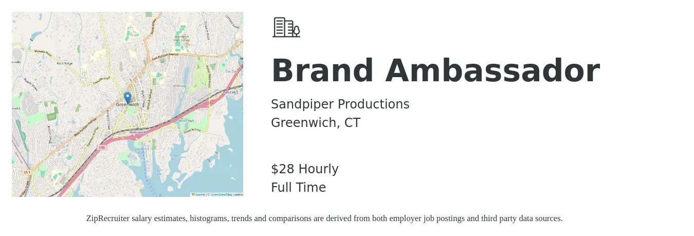 Sandpiper Productions job posting for a Brand Ambassador in Greenwich, CT with a salary of $30 Hourly with a map of Greenwich location.