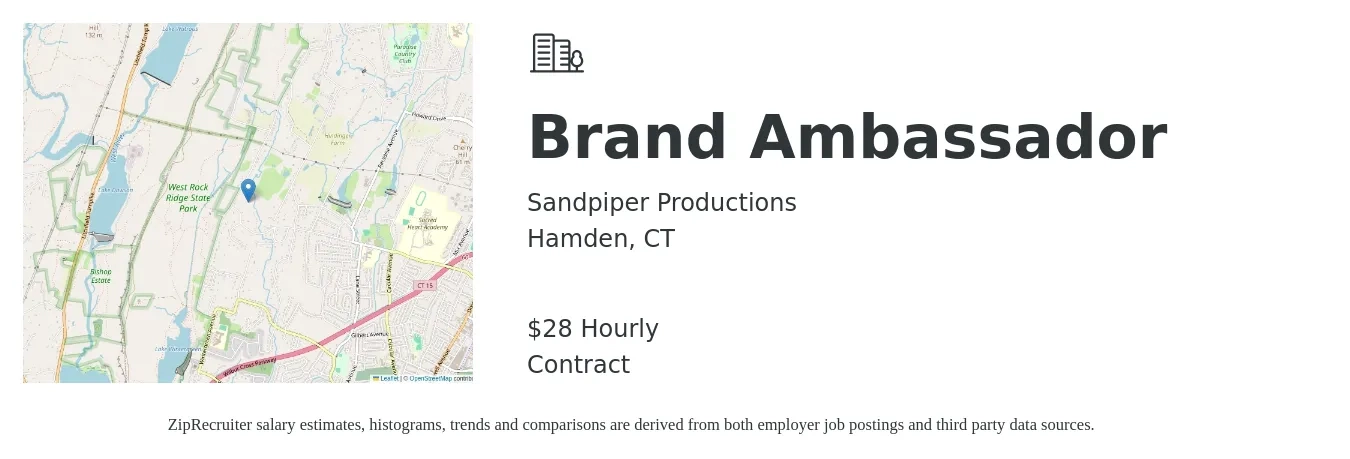 Sandpiper Productions job posting for a Brand Ambassador in Hamden, CT with a salary of $17 to $24 Hourly with a map of Hamden location.