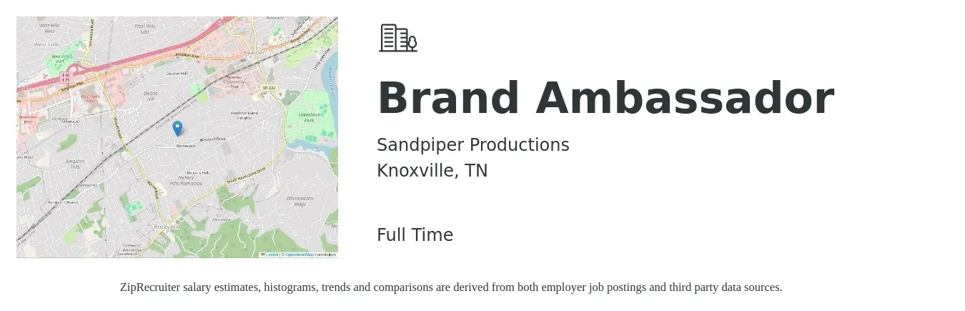 Sandpiper Productions job posting for a Brand Ambassador in Knoxville, TN with a salary of $30 Hourly with a map of Knoxville location.
