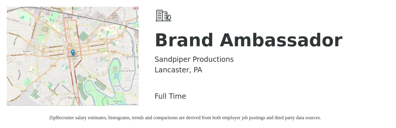 Sandpiper Productions job posting for a Brand Ambassador in Lancaster, PA with a salary of $16 to $23 Hourly with a map of Lancaster location.