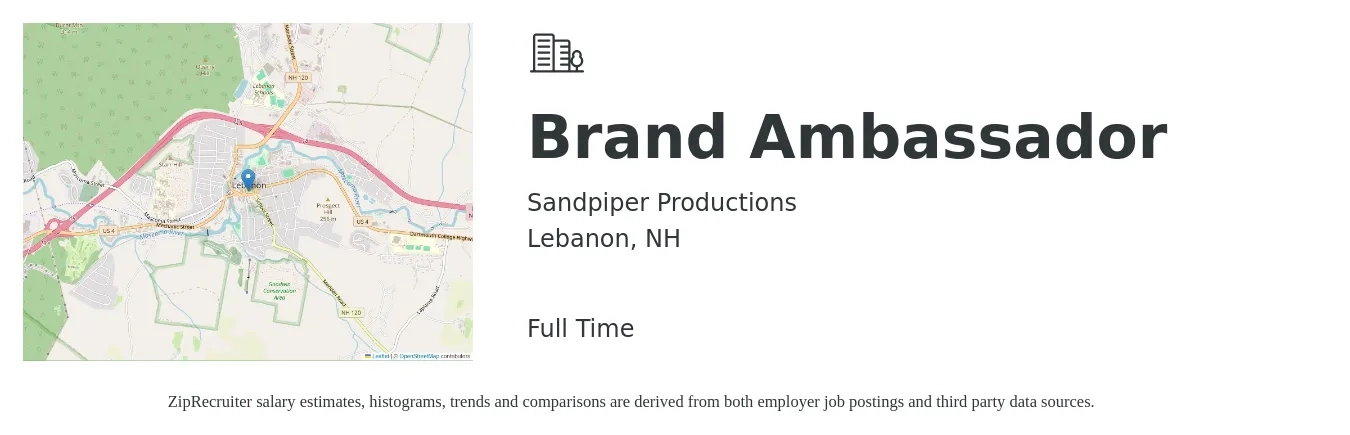 Sandpiper Productions job posting for a Brand Ambassador in Lebanon, NH with a salary of $30 Hourly with a map of Lebanon location.