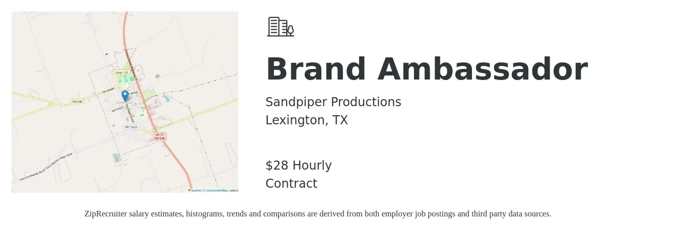 Sandpiper Productions job posting for a Brand Ambassador in Lexington, TX with a salary of $30 Hourly with a map of Lexington location.