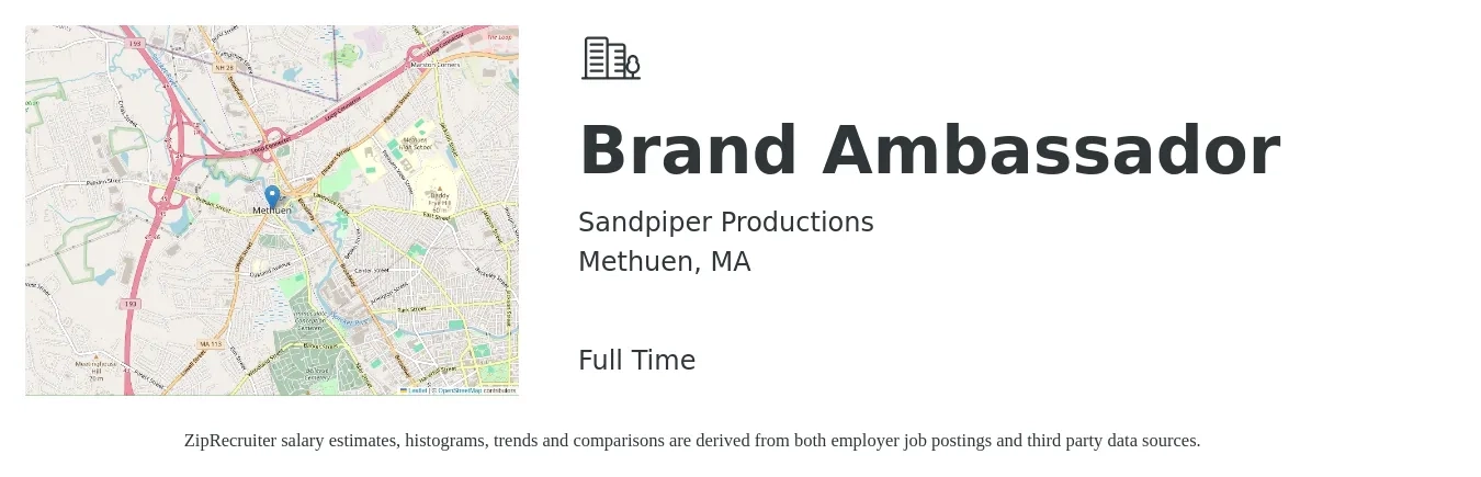 Sandpiper Productions job posting for a Brand Ambassador in Methuen, MA with a salary of $30 Hourly with a map of Methuen location.
