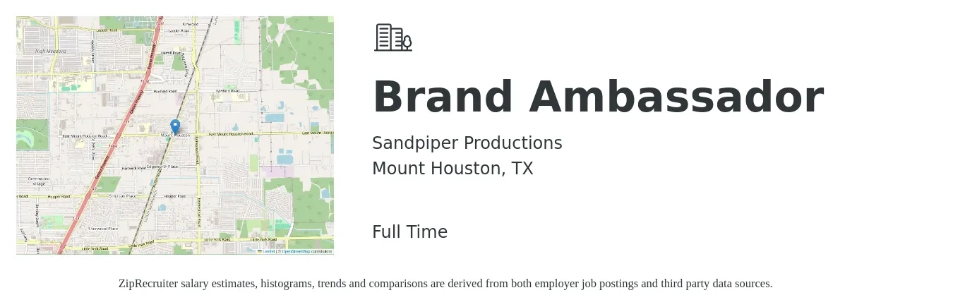 Sandpiper Productions job posting for a Brand Ambassador in Mount Houston, TX with a salary of $16 to $24 Hourly with a map of Mount Houston location.