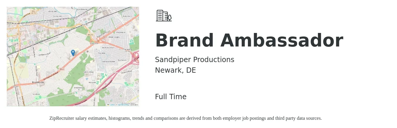 Sandpiper Productions job posting for a Brand Ambassador in Newark, DE with a salary of $16 to $24 Hourly with a map of Newark location.
