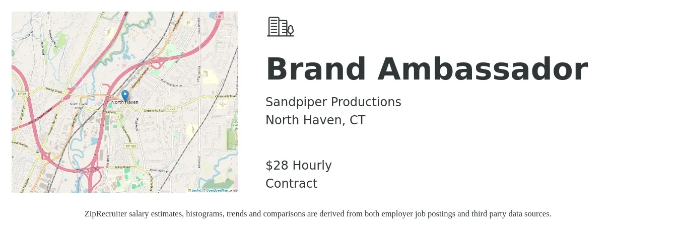 Sandpiper Productions job posting for a Brand Ambassador in North Haven, CT with a salary of $30 Hourly with a map of North Haven location.