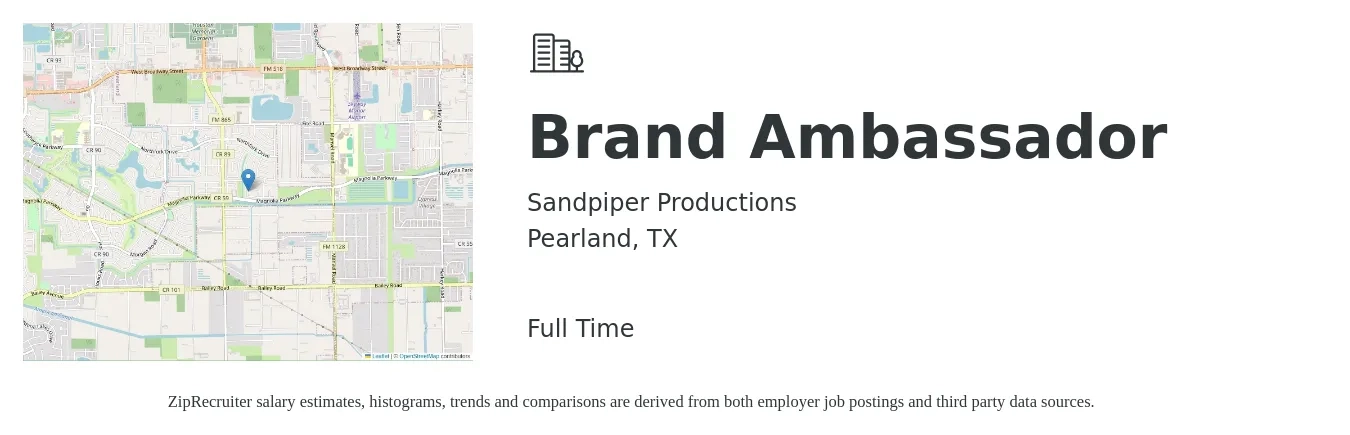 Sandpiper Productions job posting for a Brand Ambassador in Pearland, TX with a salary of $15 to $22 Hourly with a map of Pearland location.
