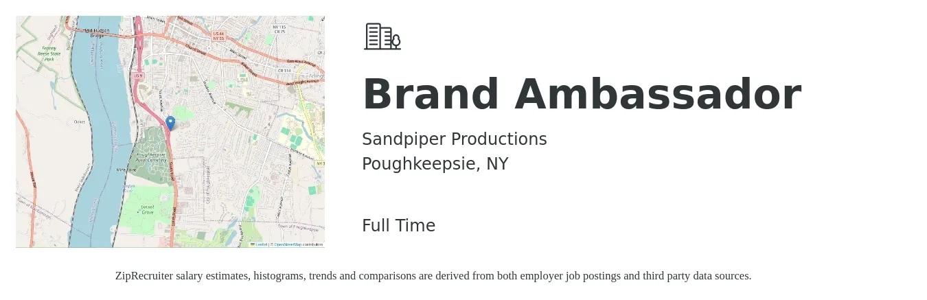 Sandpiper Productions job posting for a Brand Ambassador in Poughkeepsie, NY with a salary of $17 to $24 Hourly with a map of Poughkeepsie location.
