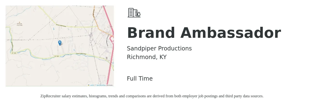 Sandpiper Productions job posting for a Brand Ambassador in Richmond, KY with a salary of $30 Hourly with a map of Richmond location.
