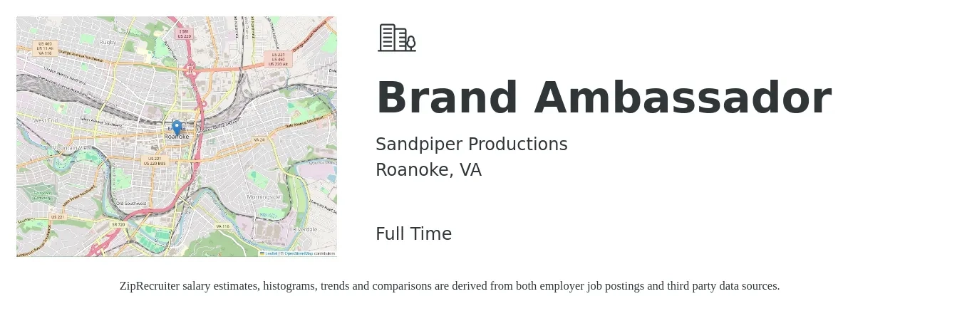 Sandpiper Productions job posting for a Brand Ambassador in Roanoke, VA with a map of Roanoke location.