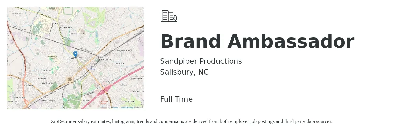 Sandpiper Productions job posting for a Brand Ambassador in Salisbury, NC with a salary of $30 Hourly with a map of Salisbury location.