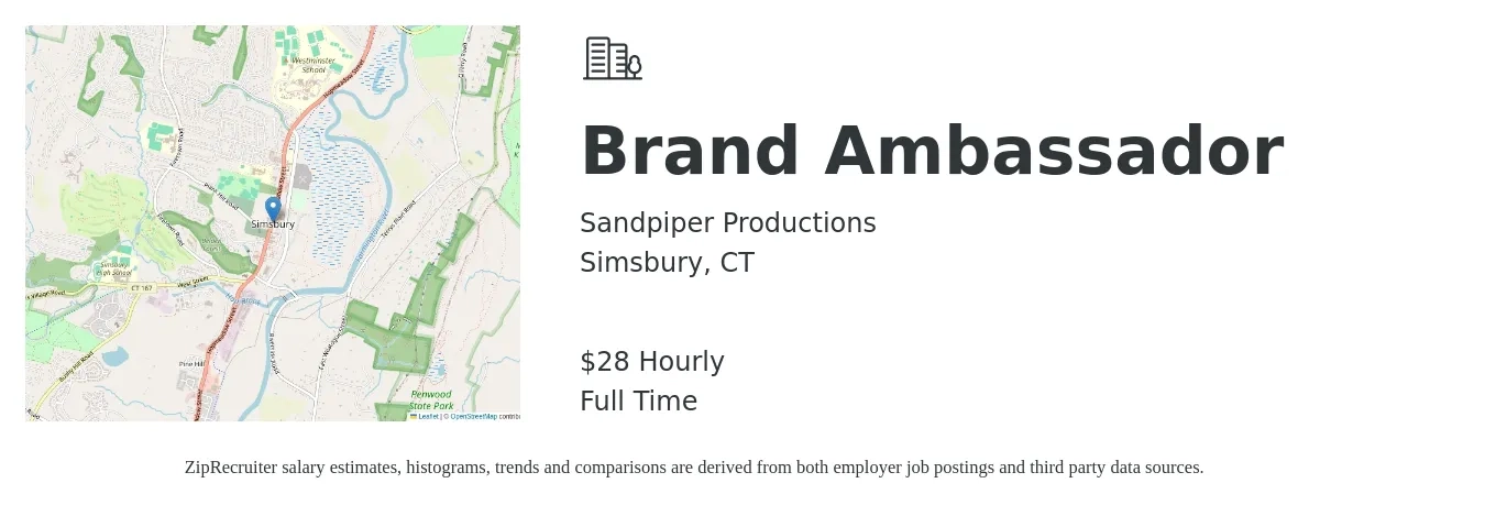 Sandpiper Productions job posting for a Brand Ambassador in Simsbury, CT with a salary of $30 Hourly with a map of Simsbury location.