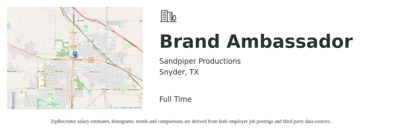 Sandpiper Productions job posting for a Brand Ambassador in Snyder, TX with a salary of $16 to $22 Hourly with a map of Snyder location.