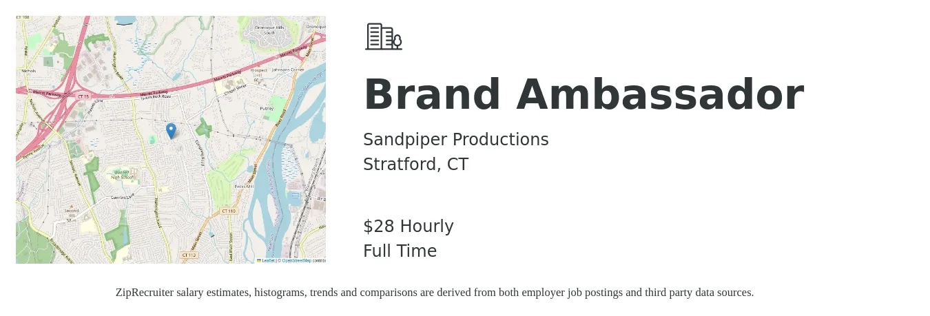 Sandpiper Productions job posting for a Brand Ambassador in Stratford, CT with a salary of $30 Hourly with a map of Stratford location.