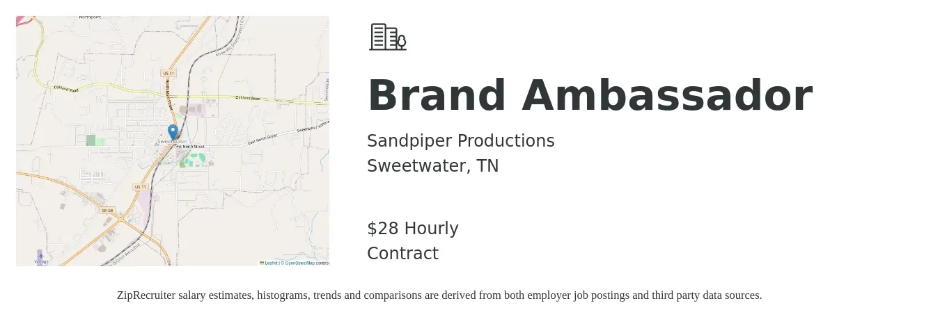 Sandpiper Productions job posting for a Brand Ambassador in Sweetwater, TN with a salary of $30 Hourly with a map of Sweetwater location.