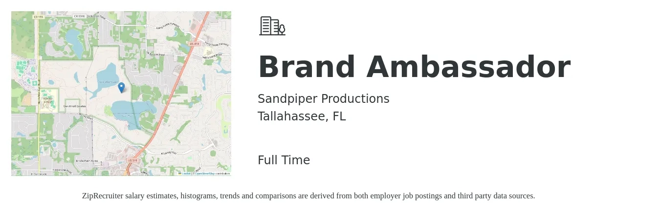 Sandpiper Productions job posting for a Brand Ambassador in Tallahassee, FL with a salary of $16 to $23 Hourly with a map of Tallahassee location.