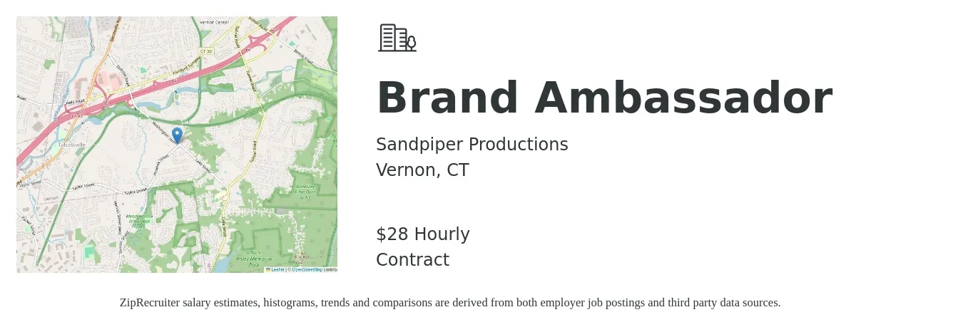 Sandpiper Productions job posting for a Brand Ambassador in Vernon, CT with a salary of $30 Hourly with a map of Vernon location.
