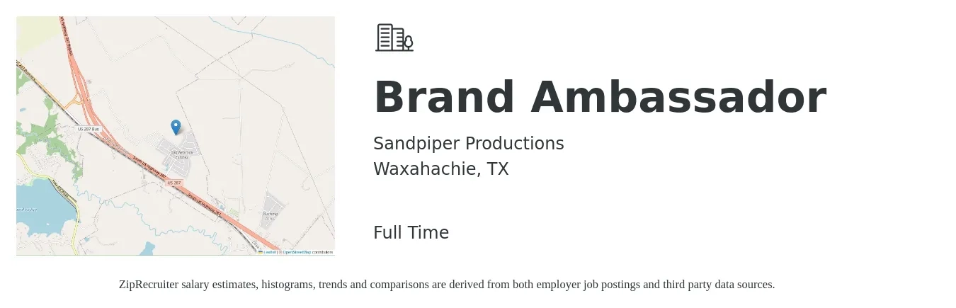 Sandpiper Productions job posting for a Brand Ambassador in Waxahachie, TX with a salary of $30 Hourly with a map of Waxahachie location.