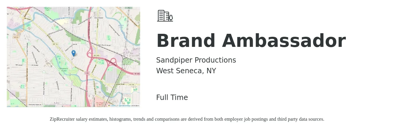 Sandpiper Productions job posting for a Brand Ambassador in West Seneca, NY with a salary of $30 Hourly with a map of West Seneca location.