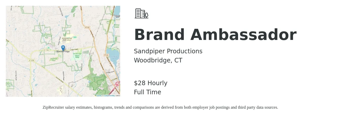 Sandpiper Productions job posting for a Brand Ambassador in Woodbridge, CT with a salary of $30 Hourly with a map of Woodbridge location.
