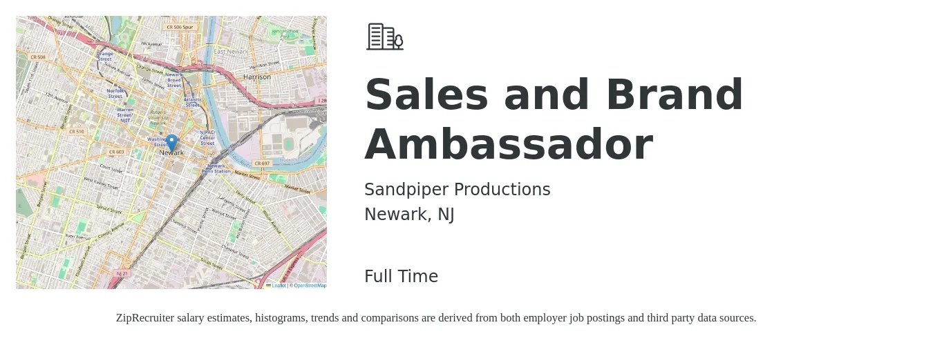 Sandpiper Productions job posting for a Sales and Brand Ambassador in Newark, NJ with a salary of $18 to $25 Hourly with a map of Newark location.