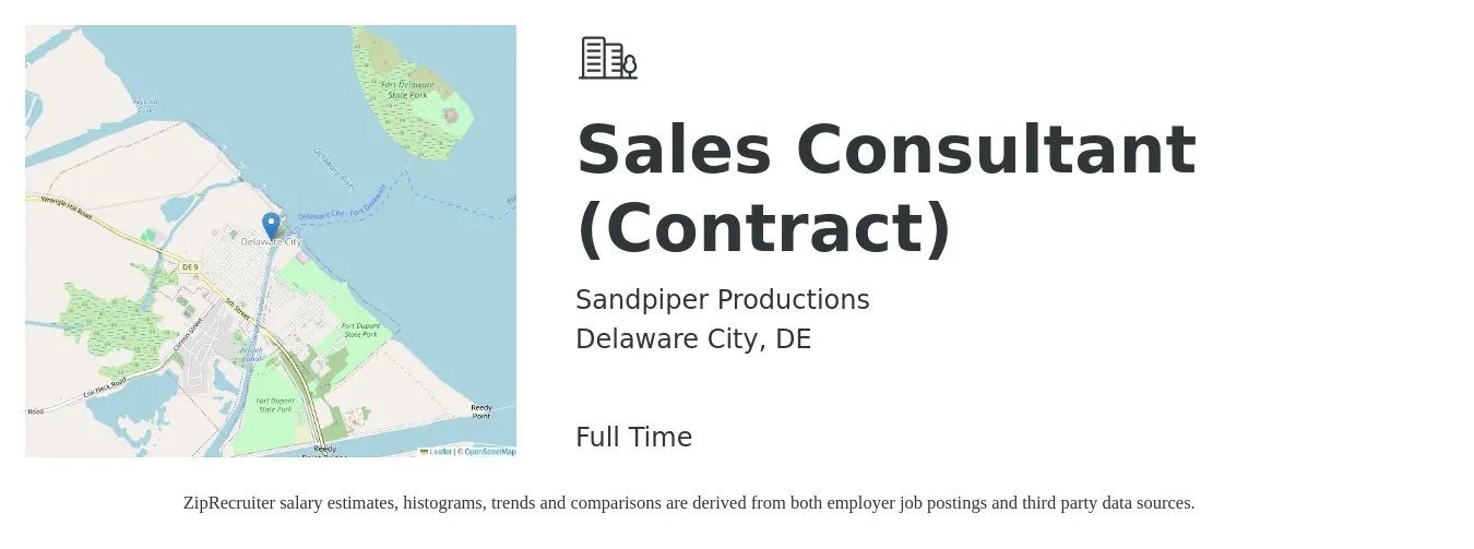 Sandpiper Productions job posting for a Sales Consultant (Contract) in Delaware City, DE with a salary of $39,100 to $76,800 Yearly with a map of Delaware City location.
