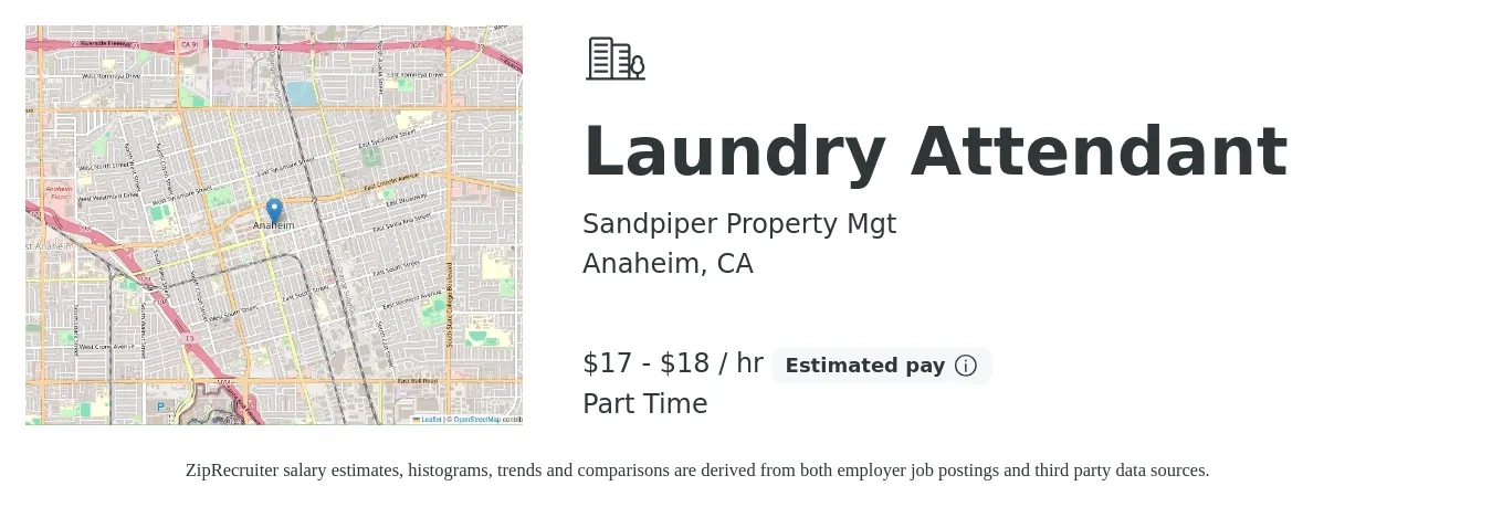 Sandpiper Property Mgt job posting for a Laundry Attendant in Anaheim, CA with a salary of $18 to $19 Hourly with a map of Anaheim location.
