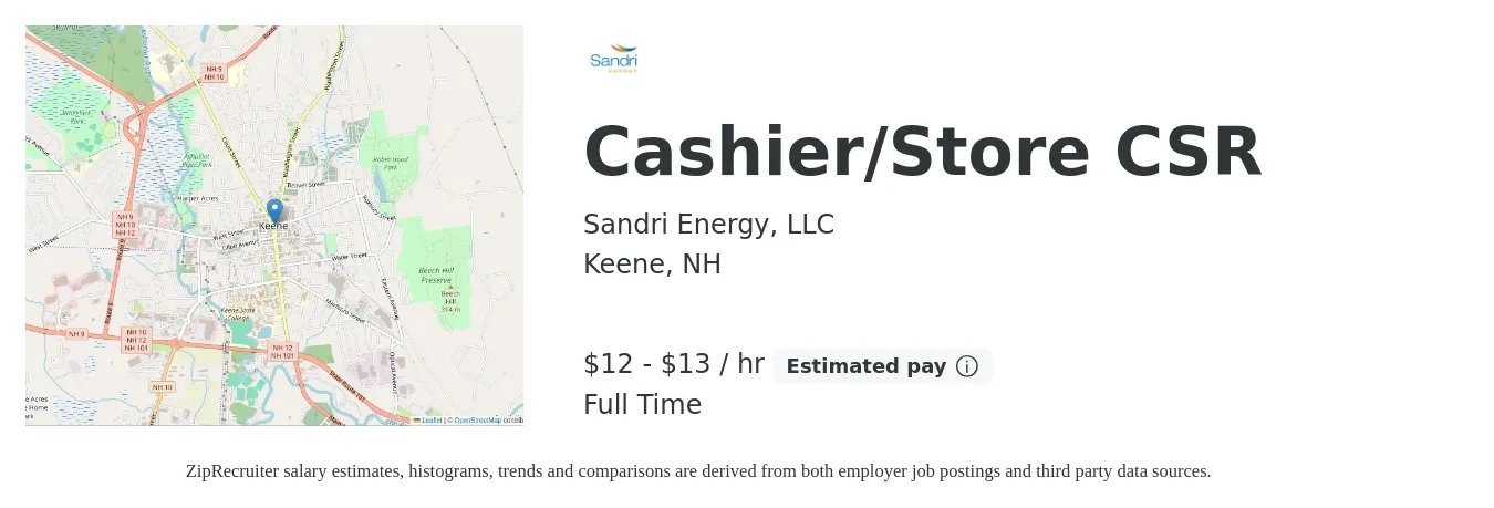 Sandri Energy, LLC job posting for a Cashier/Store CSR in Keene, NH with a salary of $13 to $14 Hourly with a map of Keene location.