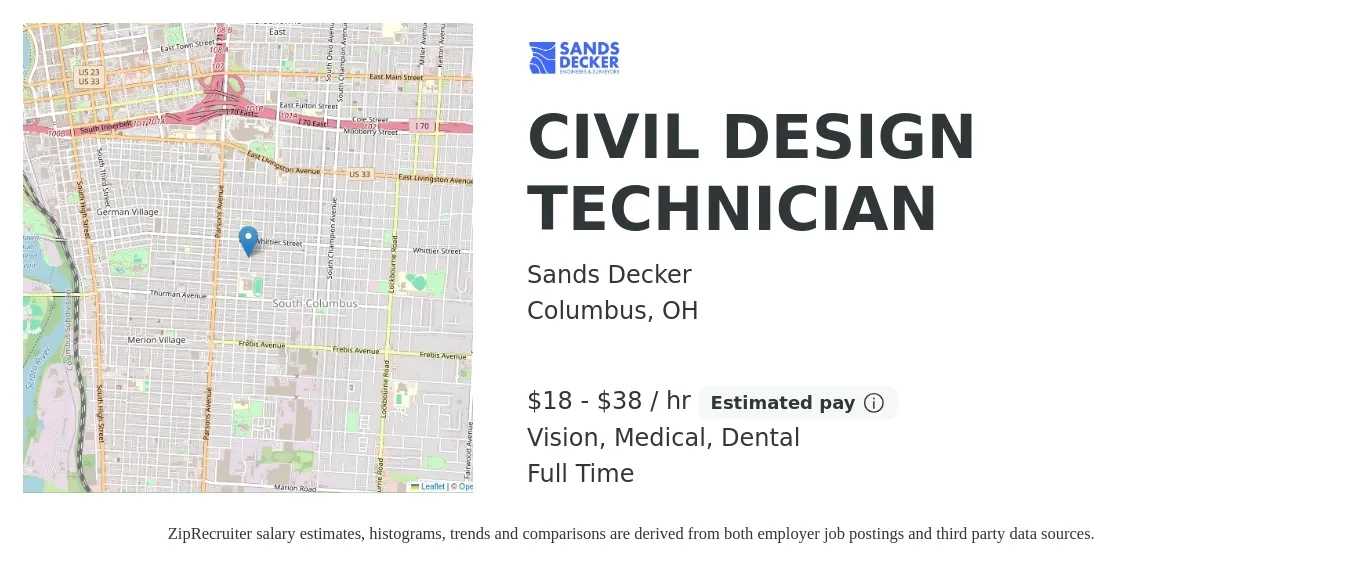 Sands Decker job posting for a CIVIL DESIGN TECHNICIAN in Columbus, OH with a salary of $19 to $40 Hourly and benefits including life_insurance, medical, retirement, vision, and dental with a map of Columbus location.