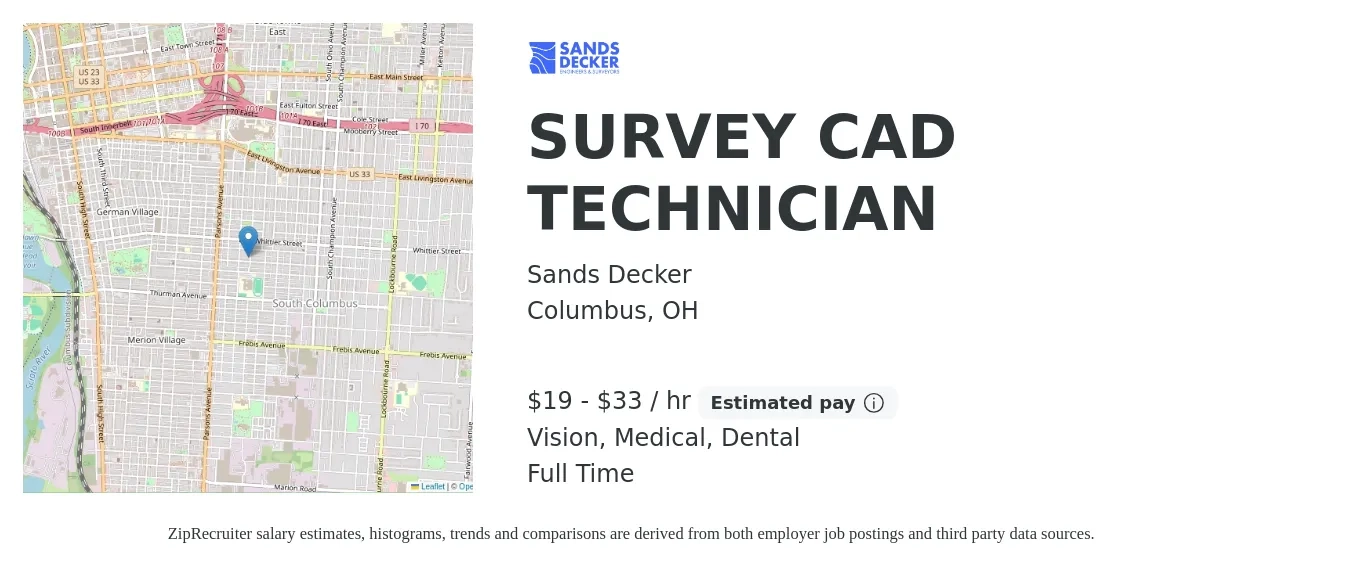 Sands Decker job posting for a SURVEY CAD TECHNICIAN in Columbus, OH with a salary of $20 to $35 Hourly and benefits including medical, retirement, vision, dental, and life_insurance with a map of Columbus location.