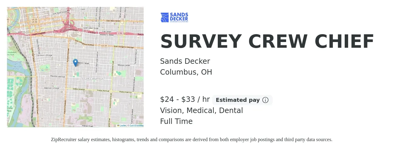 Sands Decker job posting for a SURVEY CREW CHIEF in Columbus, OH with a salary of $25 to $35 Hourly and benefits including dental, life_insurance, medical, retirement, and vision with a map of Columbus location.