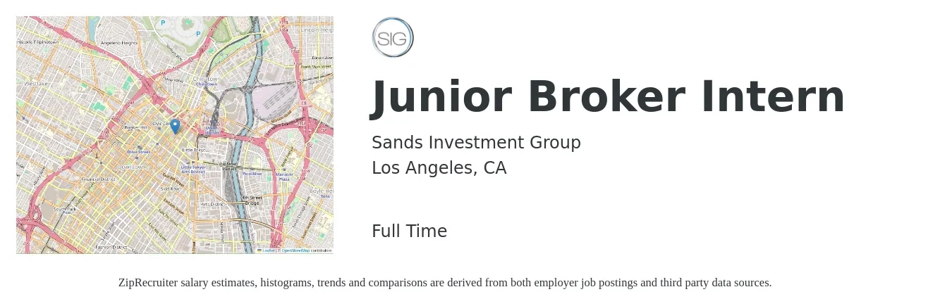Sands Investment Group job posting for a Junior Broker Intern in Los Angeles, CA with a salary of $16 to $22 Hourly with a map of Los Angeles location.