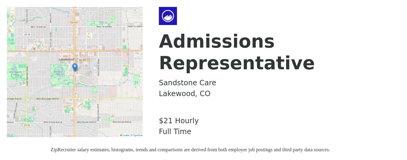 Sandstone Care job posting for a Admissions Representative in Lakewood, CO with a salary of $22 Hourly with a map of Lakewood location.